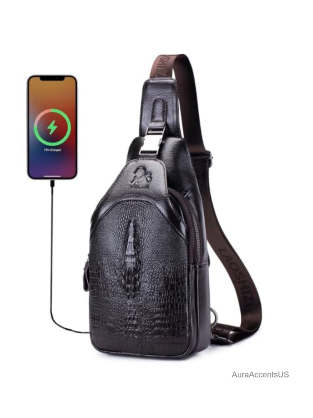Genuine Cowhide Leather Crocodile Embossed Crossbody Sling Chest Bag